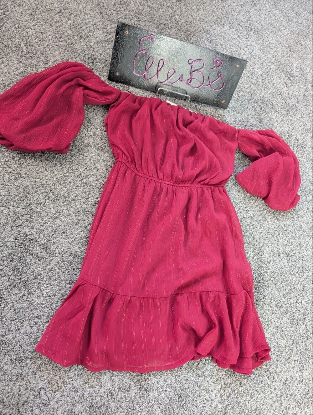Nwt Francesca's Red/Wine Pinstripes Off-Shoulder Dress Xs
